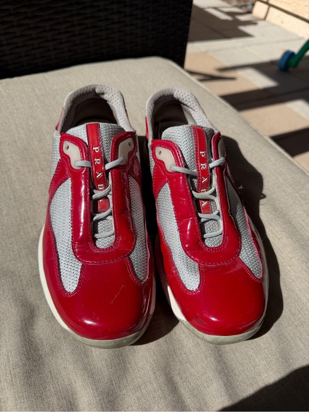Prada Women America's Cup sneakers Red Patent & Gray Mesh Sneakers - Picture 2 of 12